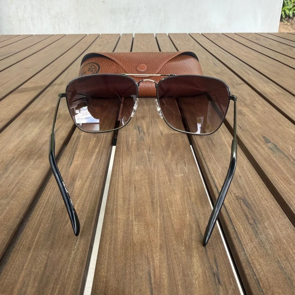 Ray-Ban Mens Aviator Sunglasses Black Metal Frame Brown Glass Visual Scene